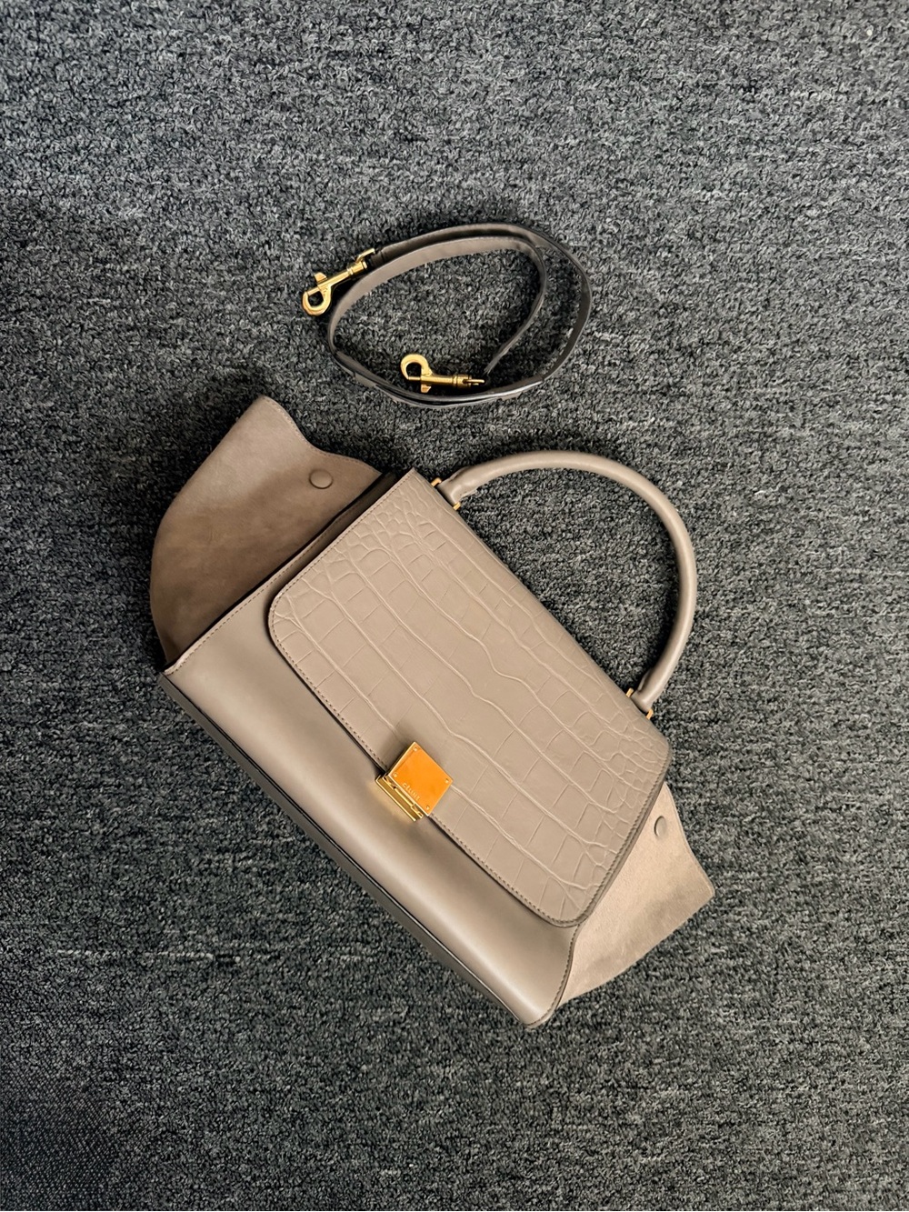 Celine Taupe Croc-Trim Top Handle Shoulder Bag with Gold Hardware
